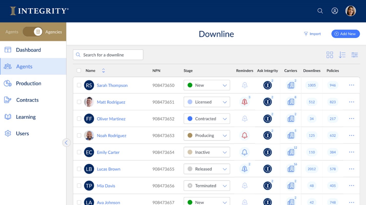IntegrityCONNECT+ Downline View